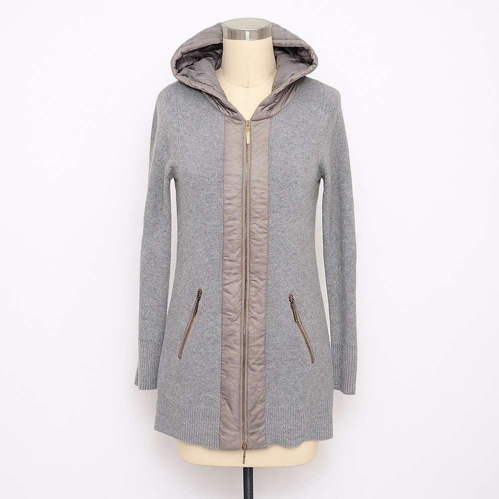 Oliver by Esst Gray Hooded Knit Cardigan Quilted Trim Zip Up Jacket Small Anthro